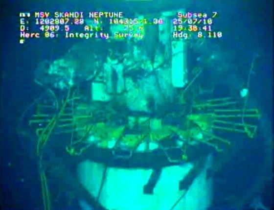 Image: The new containment capping stack is pictured in this image captured from a BP live video feed from the Gulf of Mexico